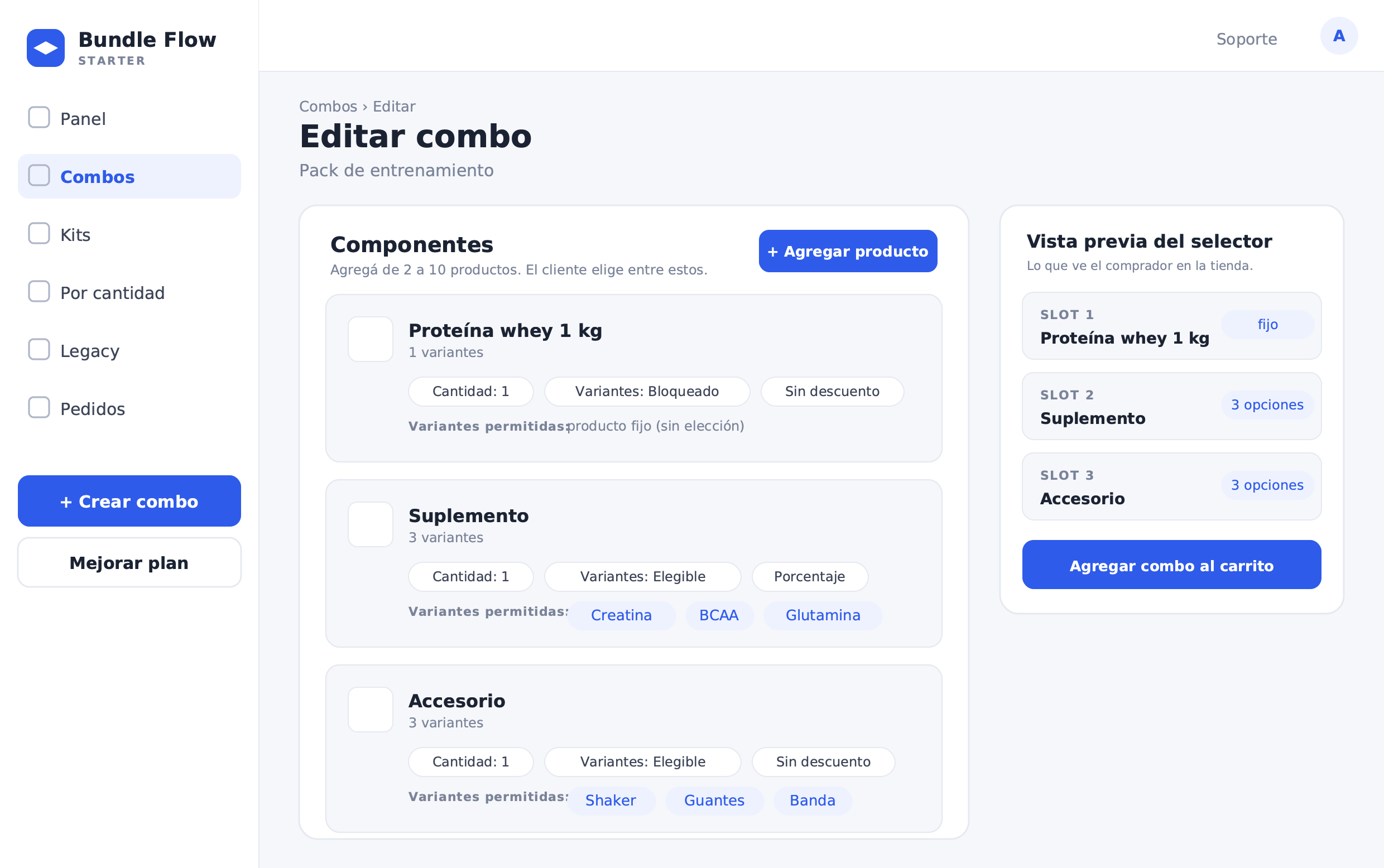 Bundle admin components for fitness pack: fixed slot (protein) and choosable slots (supplement, accessory)